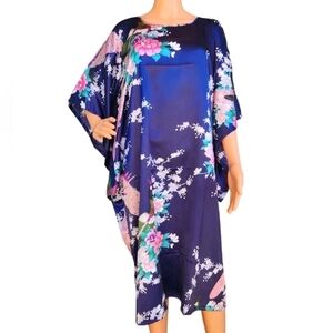 Singapore Peacock Floral Satin Kaftan Caftan Dress Asian Kimono Sleeve One Size